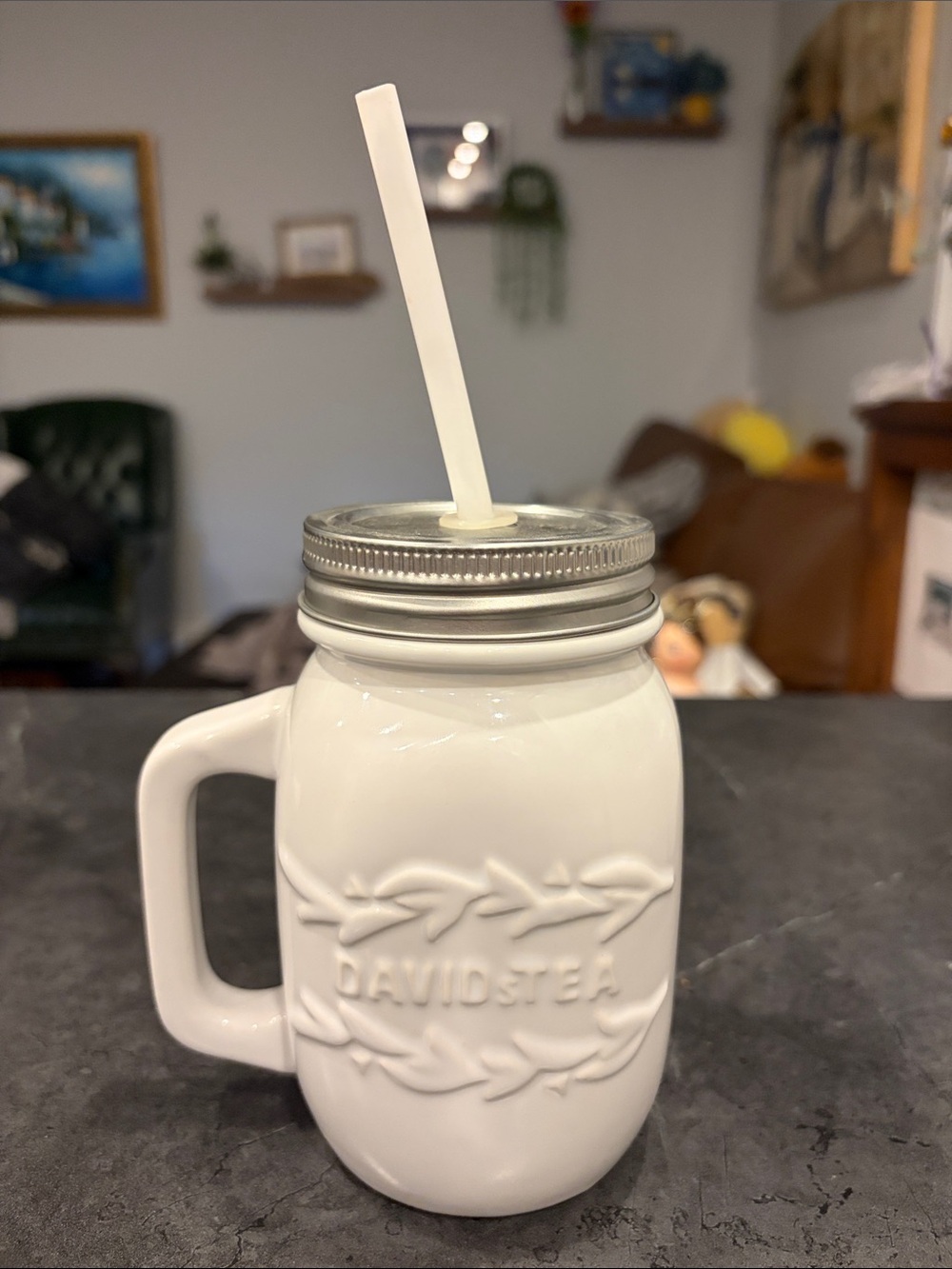 Davidstea White Ceramic Mason Mug with Straw